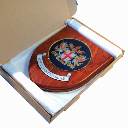 Presentation shield with medium round shaped centrepiece and scroll.